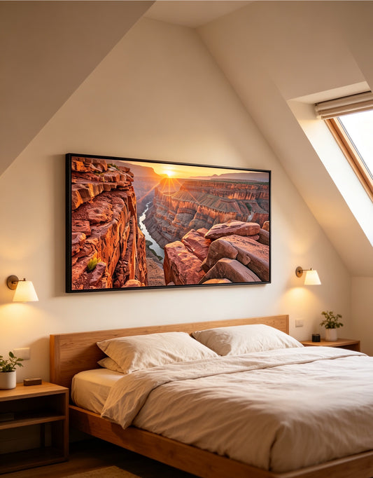 Grand Canyon Arizona Sunrise Crystal Porcelain Wall Art, Colorado River Red Rock Canyon Landscape Decor Painting for Living Room Bedroom