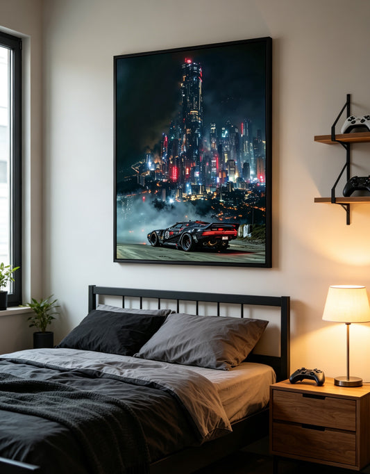 Cyberpunk Night City Skyline & Modified Sports Car Wall Art