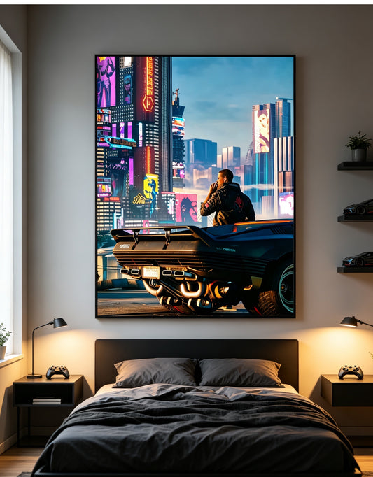 Cyberpunk 2077 Night City Crystal Porcelain Wall Art, Game Character V Sports Car Neon City Decor Painting for Gaming Room Men Bedroom