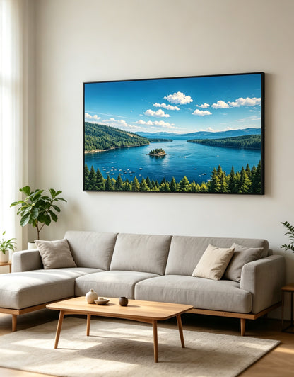 Anime Style Lake Tahoe Emerald Bay Crystal Porcelain Wall Art, California Alpine Forest Lake Landscape Decor Painting for Living Room Bedroom