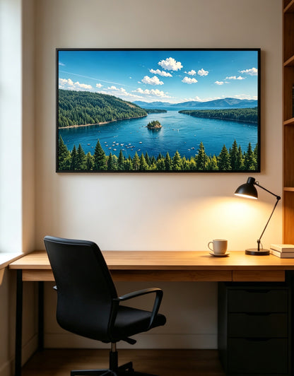 Anime Style Lake Tahoe Emerald Bay Crystal Porcelain Wall Art, California Alpine Forest Lake Landscape Decor Painting for Living Room Bedroom