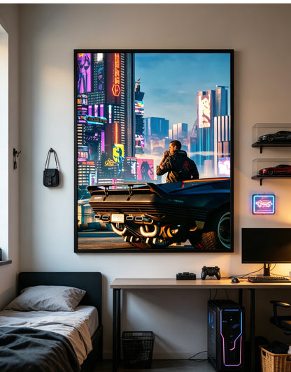 Cyberpunk 2077 Night City Crystal Porcelain Wall Art, Game Character V Sports Car Neon City Decor Painting for Gaming Room Men Bedroom