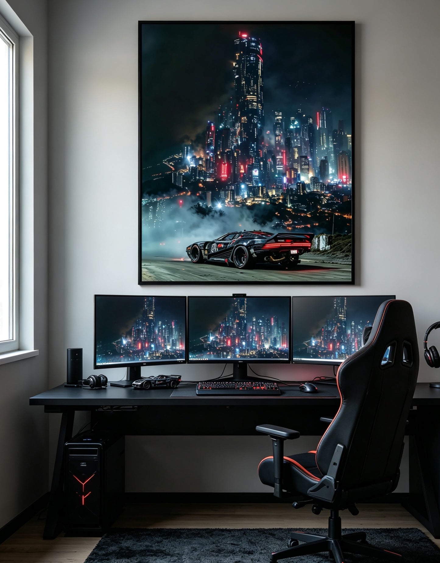 Cyberpunk Night City Skyline & Modified Sports Car Wall Art