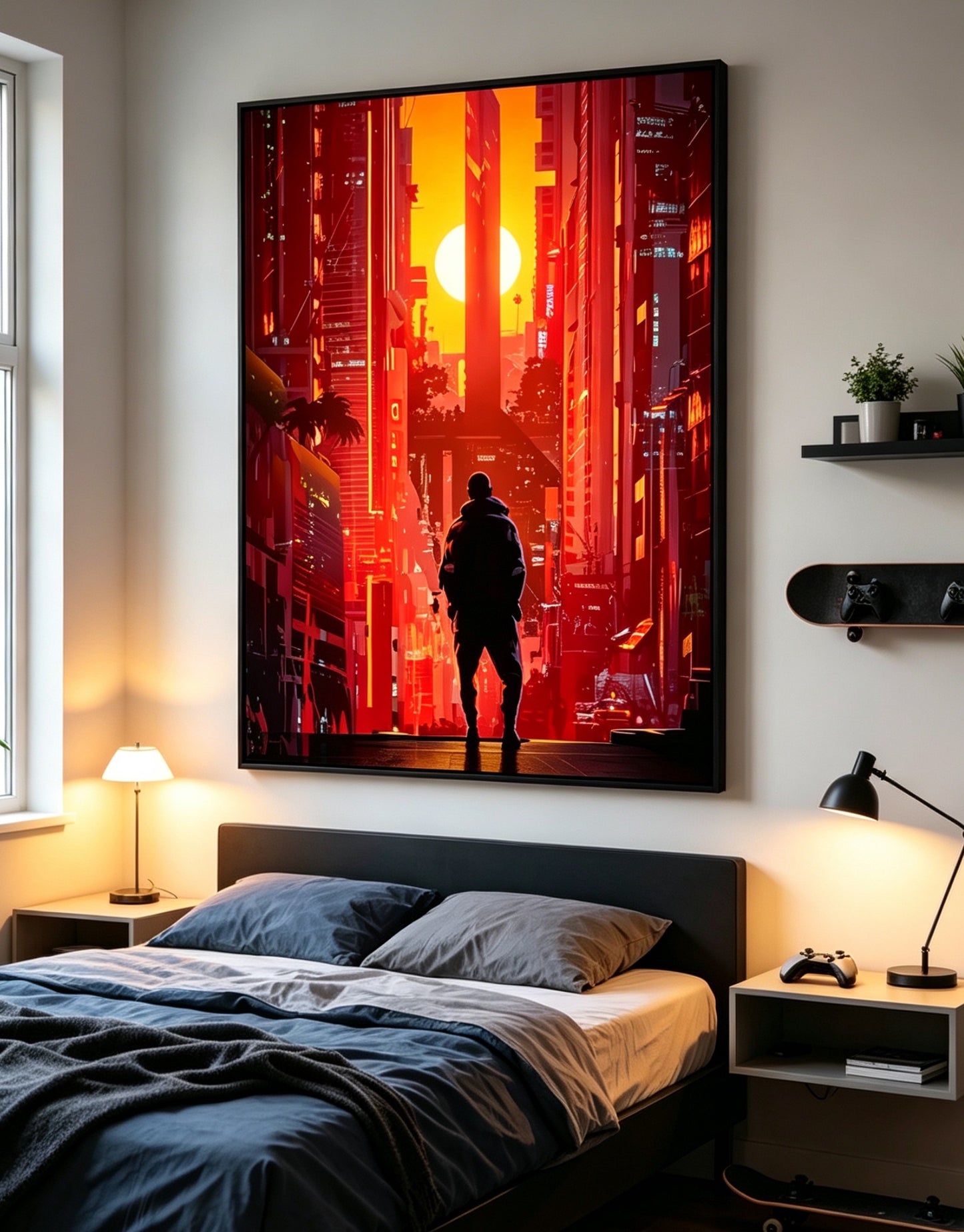 Red Cyberpunk Sunset City Silhouette Character Wall Art