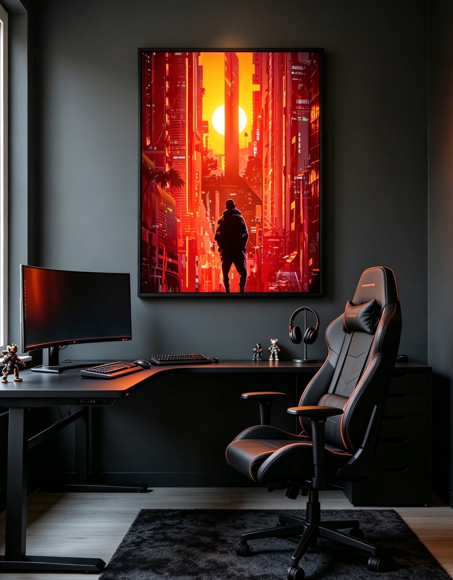 Red Cyberpunk Sunset City Silhouette Character Wall Art