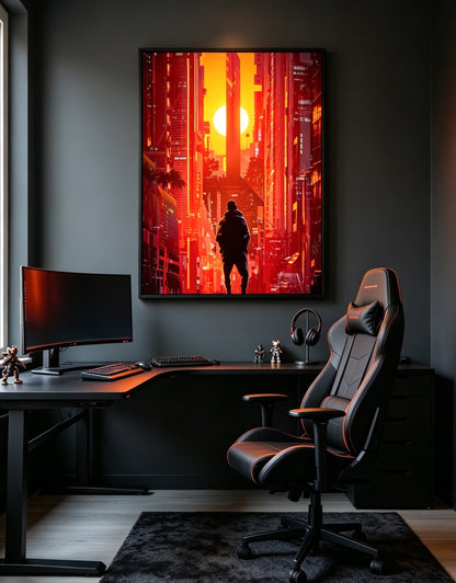 Red Cyberpunk Sunset City Silhouette Character Wall Art
