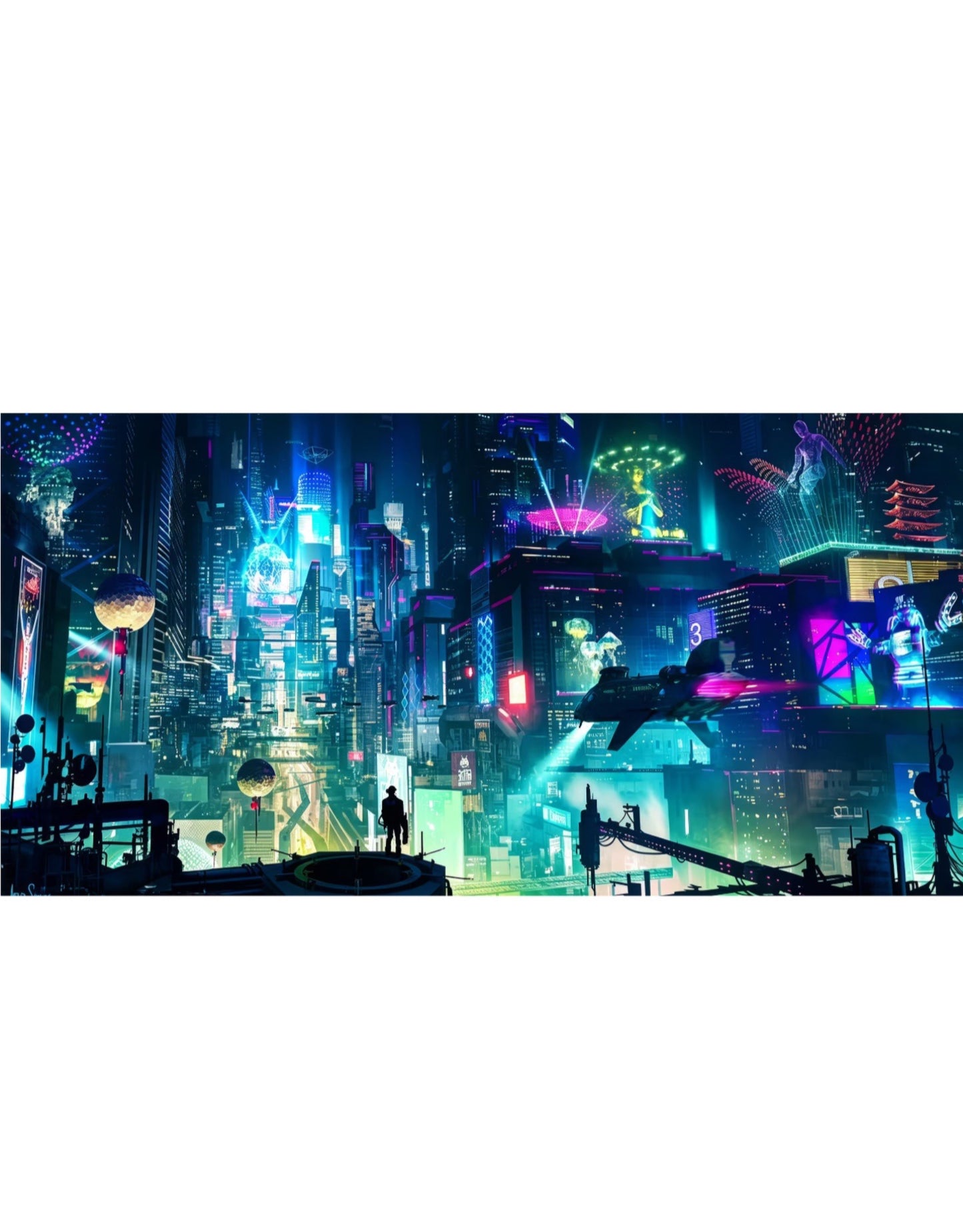 Cyberpunk Neon City Crystal Porcelain Wall Art, Futuristic Night City Canvas Decor for Gaming Room & Men’s Bedroom Wall Hanging