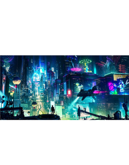 Cyberpunk Neon City Crystal Porcelain Wall Art, Futuristic Night City Canvas Decor for Gaming Room & Men’s Bedroom Wall Hanging