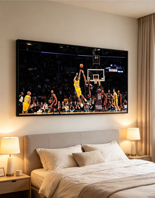 Kobe Classic Game-Winning Shot Basketball Wall Art, Lakers vs Heat Match Photography Poster, Thin Black Aluminum Frame Fan Canvas Print