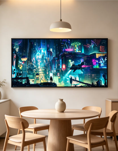 Cyberpunk Neon City Crystal Porcelain Wall Art, Futuristic Night City Canvas Decor for Gaming Room & Men’s Bedroom Wall Hanging