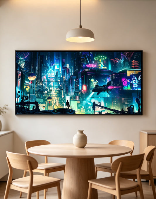 Cyberpunk Neon City Crystal Porcelain Wall Art, Futuristic Night City Canvas Decor for Gaming Room & Men’s Bedroom Wall Hanging