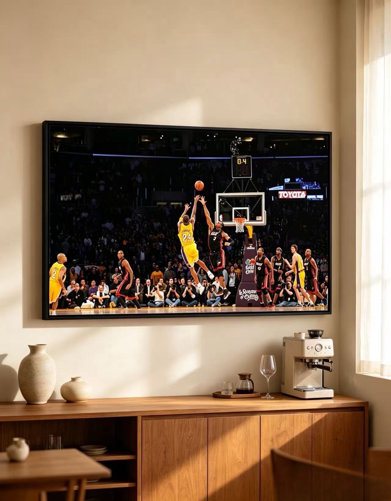 Kobe Classic Game-Winning Shot Basketball Wall Art, Lakers vs Heat Match Photography Poster, Thin Black Aluminum Frame Fan Canvas Print