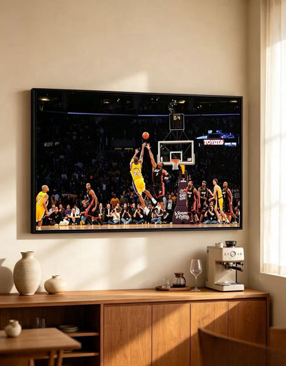 Kobe Classic Game-Winning Shot Basketball Wall Art, Lakers vs Heat Match Photography Poster, Thin Black Aluminum Frame Fan Canvas Print