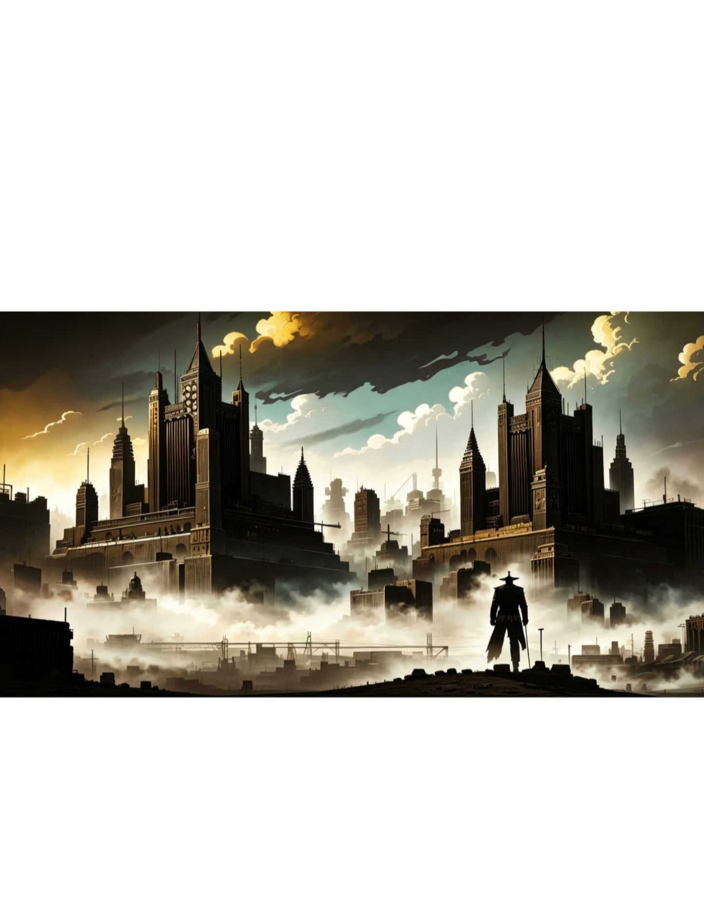 Retro Steampunk Gothic City Silhouette Cowboy Figure Wall Art