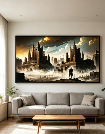 Retro Steampunk Gothic City Silhouette Cowboy Figure Wall Art