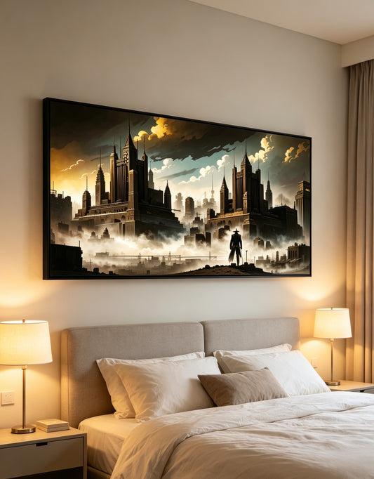 Retro Steampunk Gothic City Silhouette Cowboy Figure Wall Art