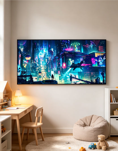 Cyberpunk Neon City Crystal Porcelain Wall Art, Futuristic Night City Canvas Decor for Gaming Room & Men’s Bedroom Wall Hanging