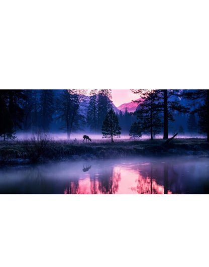 Purple Mist Forest Elk Lake Crystal Porcelain Wall Art, Calming Nordic Style Decor Painting for Living Room & Bedroom