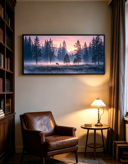 Purple Mist Forest Elk Lake Crystal Porcelain Wall Art, Calming Nordic Style Decor Painting for Living Room & Bedroom