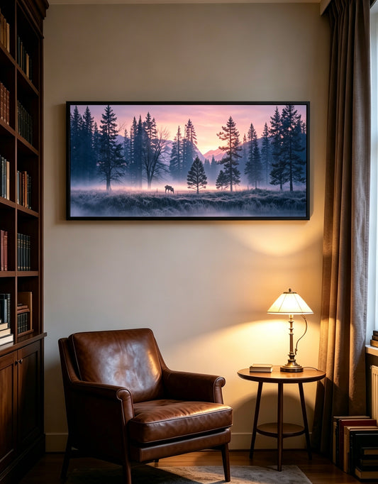 Purple Mist Forest Elk Lake Crystal Porcelain Wall Art, Calming Nordic Style Decor Painting for Living Room & Bedroom