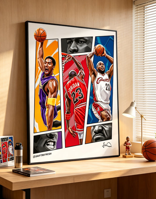 Kobe Bryant Michael Jordan LeBron James Basketball Legends Split Panel Wall Art