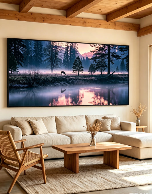Purple Mist Forest Elk Lake Crystal Porcelain Wall Art, Calming Nordic Style Decor Painting for Living Room & Bedroom