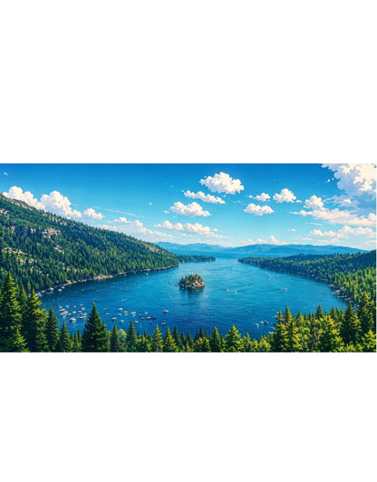 Anime Style Lake Tahoe Emerald Bay Crystal Porcelain Wall Art, California Alpine Forest Lake Landscape Decor Painting for Living Room Bedroom