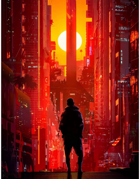 Red Cyberpunk Sunset City Silhouette Character Wall Art