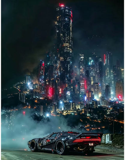 Cyberpunk Night City Skyline & Modified Sports Car Wall Art