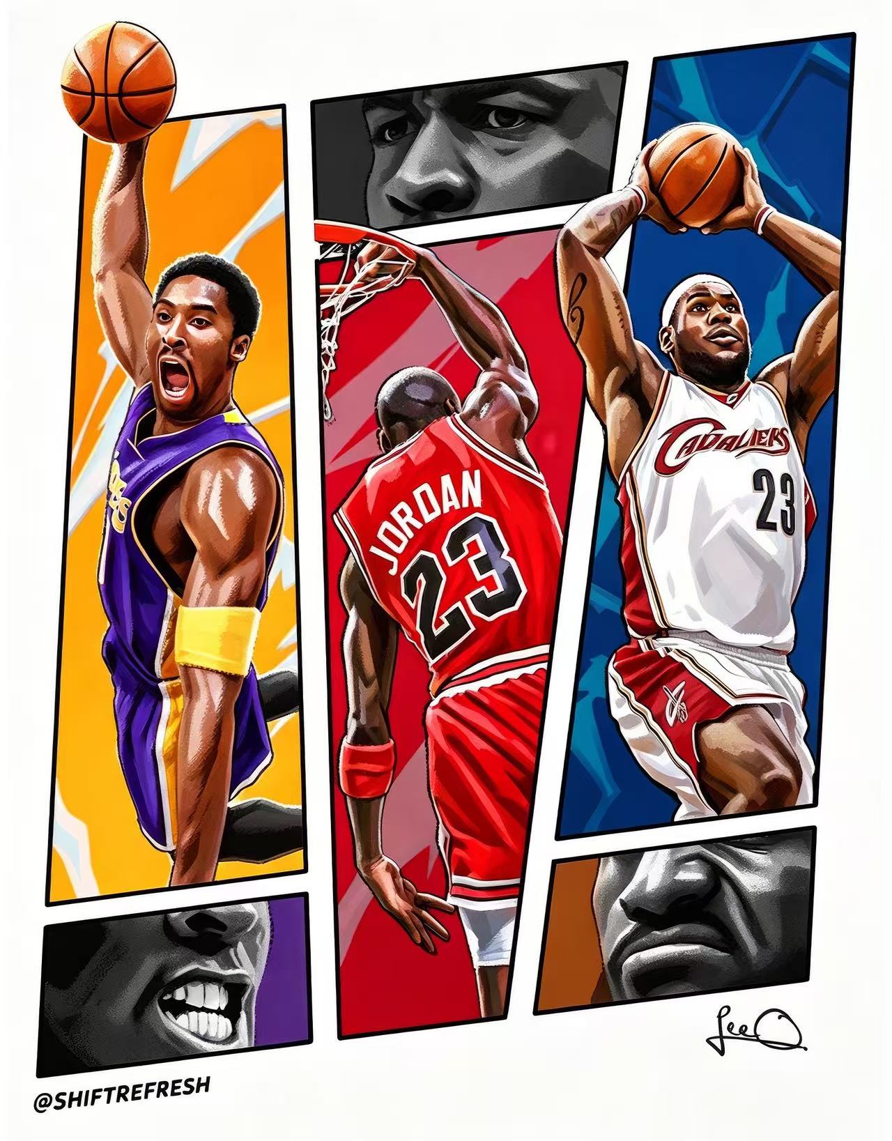 Kobe Bryant Michael Jordan LeBron James Basketball Legends Split Panel Wall Art