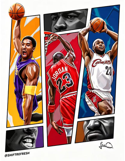 Kobe Bryant Michael Jordan LeBron James Basketball Legends Split Panel Wall Art