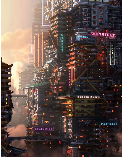 Futuristic Cyberpunk Chinatown City Skyscraper Wall Art